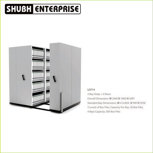 LCP14 2 Bay Deep – 4 ROWS Overall Dimension W 2400 D1800 H 2087 Standard Bay Dirnensions – W 412-824 D 900 H 2036 5 Levels Of Box Files Capacity Per Bay-  50 Box Files 4 Bays Capacity- 200 Box Files