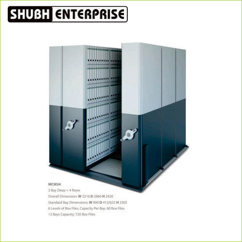MCM34 3 Bay Deep –  4 Rows Overall Dimension- W2216 D 2860 H 2420 Standard Bay Dirnensions-  W 900 D 412632 H 2305 6 Levels Of Box Files, Capacity Per Bay- 60 Box Files 12 Bays Capacity- 720 Box Files